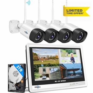 【5MP+3TB Hard Drive】Hiseeu Wireless Security Camera System with 12"Monitor Wireless CCTV System 10CH NVR