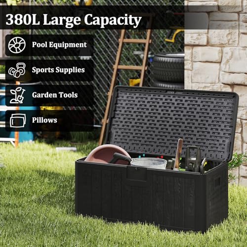 Wood Texture Outdoor Patio Storage Container for Cushion Tool Toy (Black)