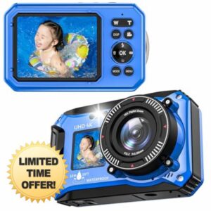 Underwater Camera Waterproof Camera for Snorkelling Full HD 4K 64MP Video Recorder Selfie Dual Screens 33FT 16X Digital Zoom Waterproof Digital Camera