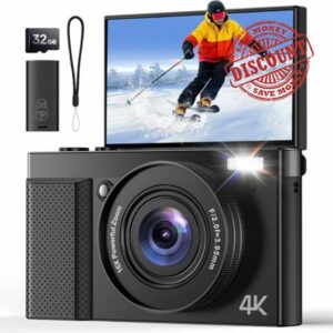 4K Digital Camera for Photography Vlogging: 64MP Cam for YouTube with 3" 180° Flip Screen - 16X Digital Zoom Point and Shoot Camara with 32GB Micro SD Card for Kids Teens Beginners