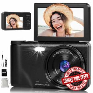 Digital Camera - 4K 64MP Compact Camera with 3 Inch 180° Flip Screen 32GB Memory Card 18X Digital Zoom Autofocus Vlogging Photo Cameras for Teenagers Beginners Adults