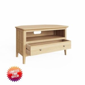 FWStyle 1 Drawer Corner TV Unit – Hudson Ready Assembled Natural Ash Wooden Media Cabinet with Storage Drawer & Open Shelf – Solid Wood Ash Veneer TV Stand with Cable Manageme