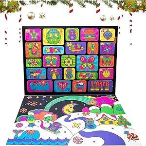 Colorful educational or children's display panels with bright geometric frames and various animated characters in vibrant colors.