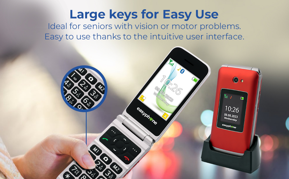 Text reads 'Simple. Reliable. Made for You.' Digital interface of a mobile app or device showing phone and audio icons, emphasizing user-friendly design.