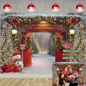 Merry Christmas Backdrop Winter Forest Wooden Barn Door North Pole Snowy Xmas Tree Photography Background Winter Christmas Family Holiday Party Decor Backdrop (8X6FT(94 x 70 inch))