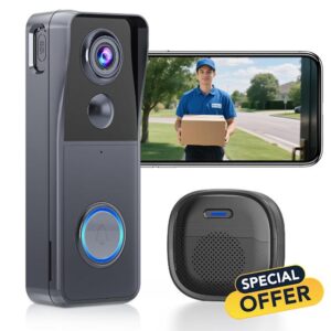 Wireless Video Doorbell Camera with Chime 1080P HD Smart Video WiFi Door Bells with Camera PIR Motion Detection Night Vision 2-Way Audio Battery Powered Work with Alexa Support SD Card & Cloud Storage