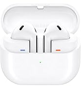 Multiple views of white wireless earbuds and charging case from different angles, showing product details and design features.