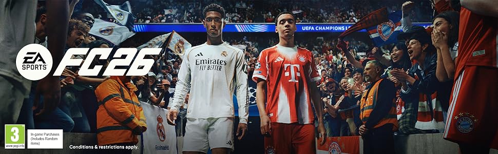 Text: 'EA FC 24'. Video game promotional banner showing soccer/football players in various team uniforms with stadium background. EA Sports game logo visible in top corner.