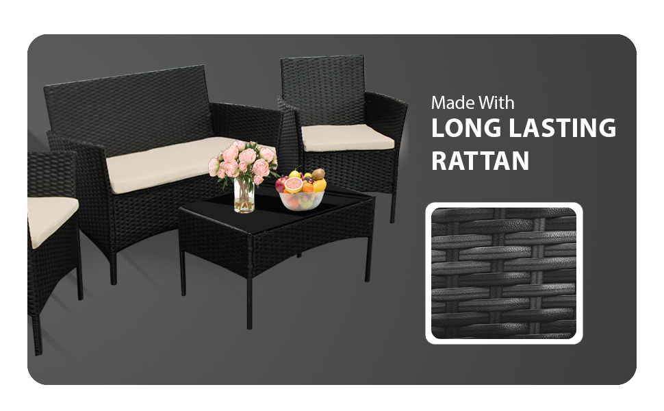 Text reads 'Hard Woven Wicker', 'Waterproof', 'UV protection', 'Steel Material Frame', 'Tempered Glass'. Product showcase of black outdoor furniture set with technical specifications.