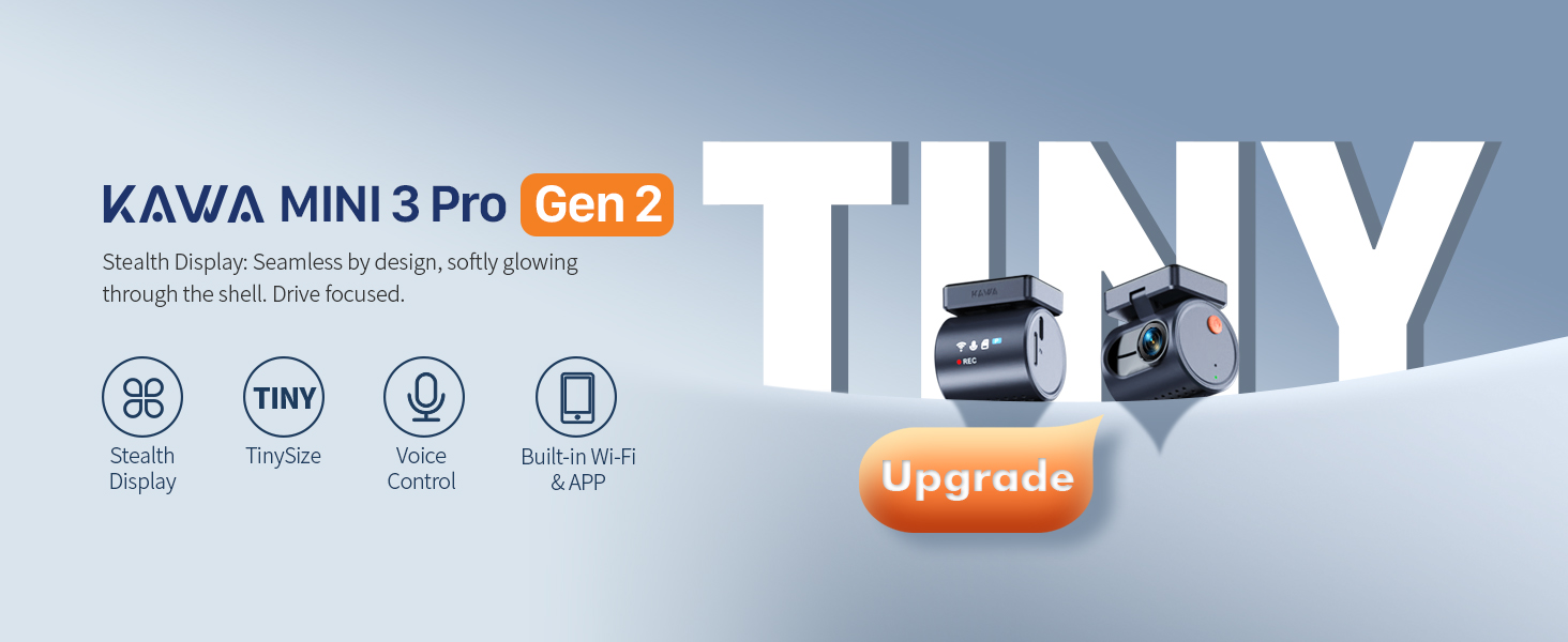 Text reads 'KAWA MINI 3 Pro Gen 2' and 'TINY upgrade'. Marketing image for compact electronic device with minimalist icon indicators for features.