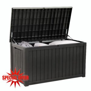 Olsen & Smith 680L Large Garden Storage Box - Weather Resistant Heavy Duty Garden Box with Padlock - Wood Effect - High Capacity Outdoor Storage Chest for Tools