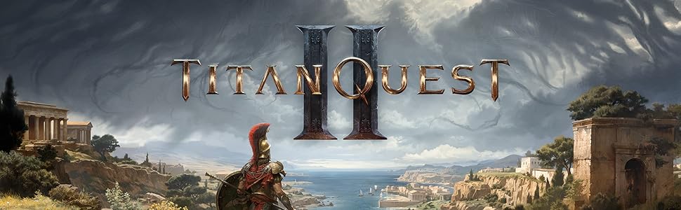 An ancient fighter with spear and a shield looks upon the Titan Quest 2 Logo