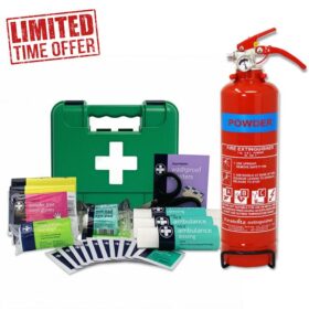 EVAQ8 Vehicle Fire Extinguisher 1KG and First Aid Kit for Taxis and Private Hire Vehicles PSV