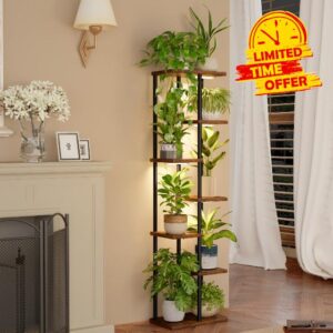 Bamworld Plant Stand with Grow Light for Indoor Plants Corner 7 Tier Metal Plant Shelf Wood Flower Stand for Home Living Room Decor Patio Deco
