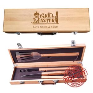 [Custom] Personalised Engraved The Grill Master Design Luxury Bamboo BBQ Tools Set Fathers Day Birthday Christmas Wedding Retirement Anniversary