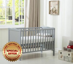mcc direct Cot Bed Wooden Baby Cot Toddler Bed Premier Aloe Vera Water Repellent Mattress Grey - Orlando
