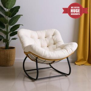 Egg Chairs Oversized Rattan Wicker Outdoor Rocking Chair Metal Frame Garden Rocking Chair Large Support Modern with Cushioned Seat (White)