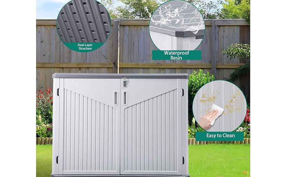 Text reads 'Backyard Oasis Outdoor Storage'. Multiple views of large grey outdoor storage container with various storage configurations shown.