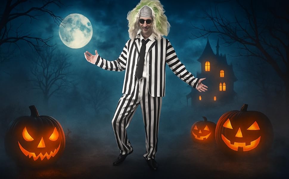 Text reads 'Perfect for Halloween Parties & Themed Events'. Person in black and white striped costume against dark background with glowing orange pumpkins and purple lighting effects.