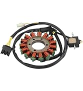 Sequential images showing motorcycle stator coil assembly parts in various angles, displaying copper wire windings and metal mounting plate.