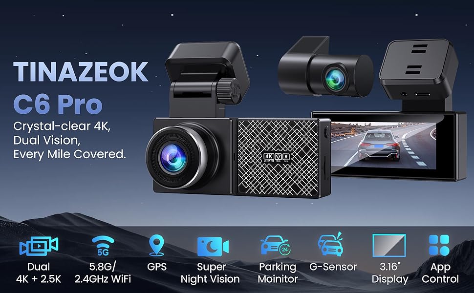 Text reads 'TINAZEOK C8 PRO'. Dashboard camera product display showing device with features including WiFi, GPS, Night Vision, and app connectivity icons below.