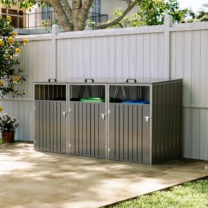 Warmiehomy Wheelie Bin Storage 3 Bin Storage for Wheelie Bins Galvanized Steel Outdoor Garbage Can Store with Locking Door Triple Wheeled Bins Hideaways with Lifting Lids
