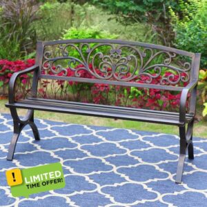 PHI VILLA Metal Garden Bench Cast Iron Backrest Steel Frame 2-3 Seater Outdoor Bench Floral Design Backrest