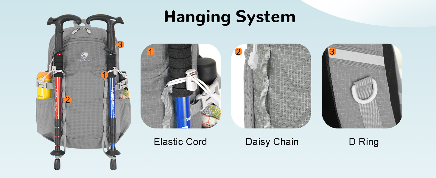 Text reads 'Hanging System'. Product diagram showing mounting hardware components and installation parts in gray tones.