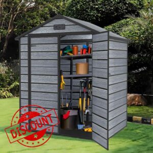 BIRCHTREE 6X4.4FT Plastic Garden Shed with Floor Apex Roof Wood Grain Effect Fade Free All Weather Resistant Lockable Door Outdoor Storage Box Air Vent&Window Garden Tool Shed Low Maintenance Grey