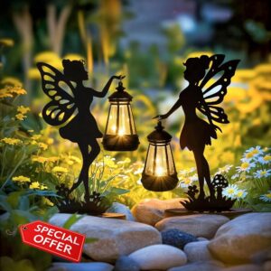 GIGALUMI Iron Fairy Statue Garden Ornaments Outdoor with Solar Powered Lights