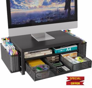 Metal Monitor Stand Riser with Drawer & 2 Pen Holders for Desk