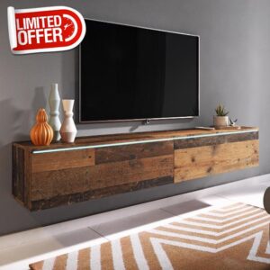 FWStyle 1.8M 2 Door Old Style Oak Effect TV Media Unit with LED – Wall Mounted or Freestanding TV Stand – 180cm Oak Finish