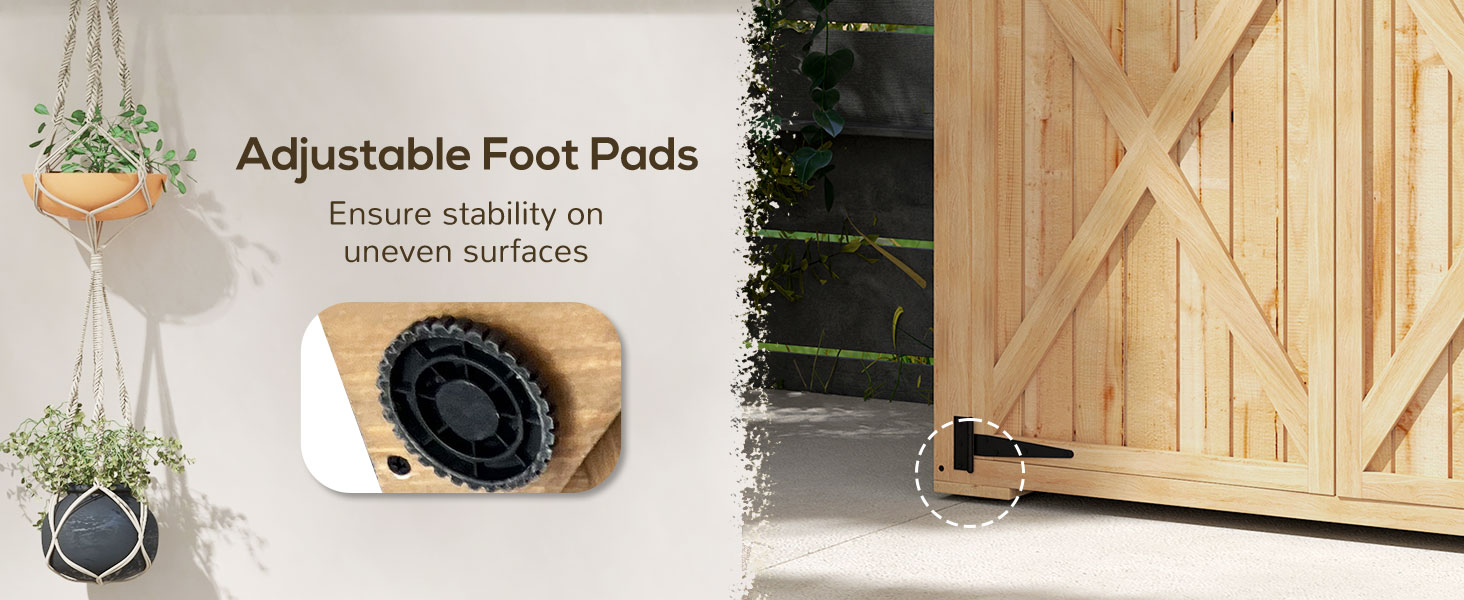 Text reads 'Adjustable Foot Pads'. Series of images showing wooden fence or gate installation with visible hardware and mounting components.