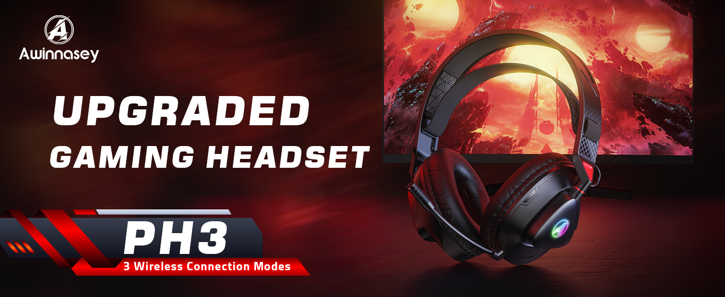 AiskyYoney PH3 gaming headset with red LED lighting, shown against dramatic red gaming-themed background.