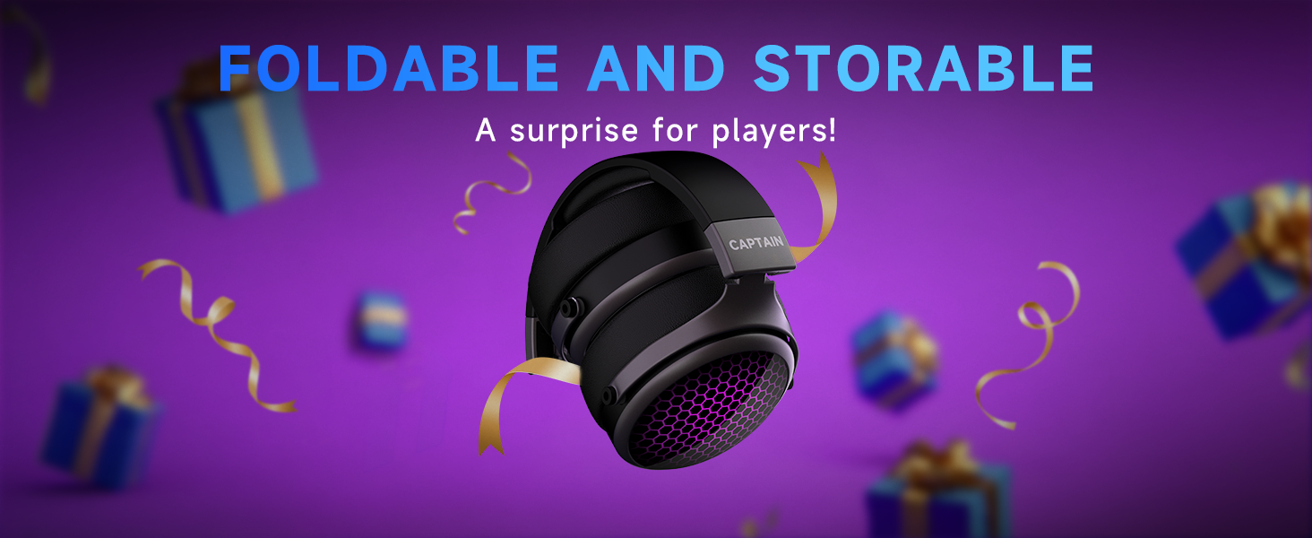 Text reads 'FOLDABLE AND STORABLE'. Marketing banner showcasing a circular/spherical item against a vibrant purple background with colorful geometric design elements.