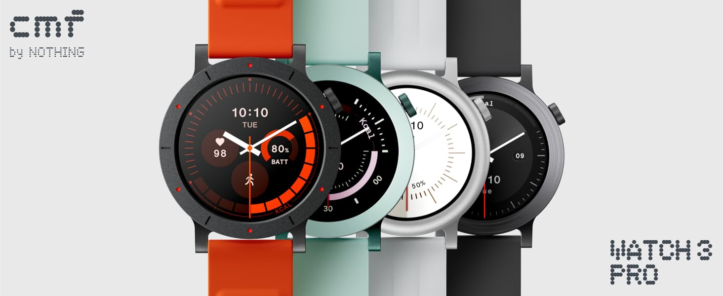 Text reads 'WATCH3 PRO' and 'cm²'. Series of smartwatches displayed with different colored bands (orange, mint green, black) showing digital watch faces with circular designs.