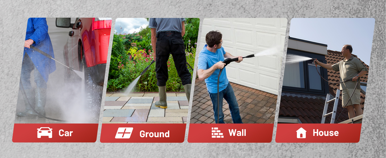 Text reads 'DUAL KARCHER CONNECTORS'. Series of product images showing pressure washer connectors and attachments in use on outdoor paving surfaces.