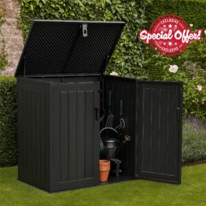 JSH 775L Garden Storage Cabinet | Grey 115x71x109cm Outdoor Front & Top Opening Tool & Equipment Box | Weather Resistant Sturdy Plastic Shed Locker | Holds 2 x 180L Slimline Small Wheelie Bins