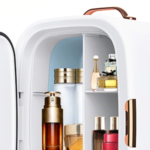 Schematic diagram of a mini refrigerator or cooler showing interior compartments and door design with blue-tinted interior.