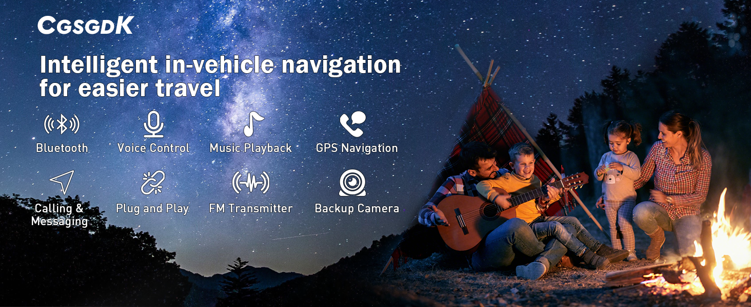 Text reads 'CasaaK Intelligent in-vehicle navigation' and 'for easier travel'. Shows outdoor camping scene with campfire under starry sky.