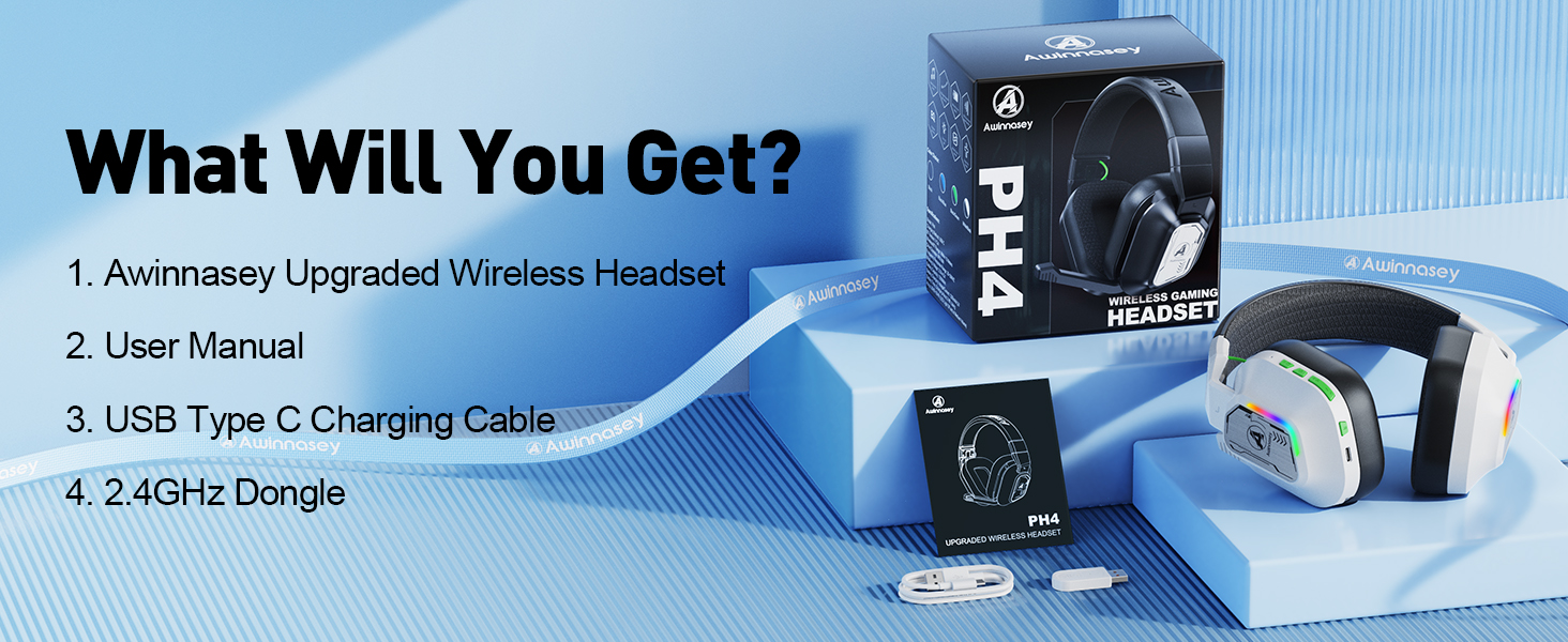 Product bundle for wireless gaming headset including headset, user manual, USB-C charging cable, and 2.4GHz dongle. Headset features colorful LED lights and over-ear design.