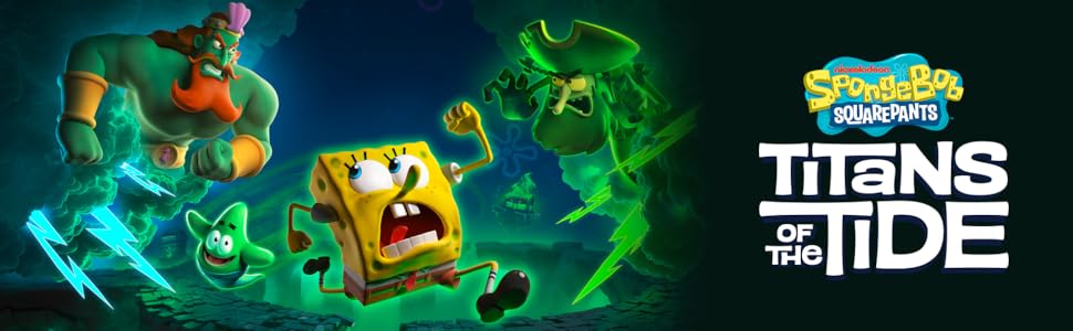 Text reads 'TITANS OF THE TIDE' with SpongeBob SquarePants logo. Promotional banner showing SpongeBob character with glowing blue and green supernatural effects in dark underwater setting.