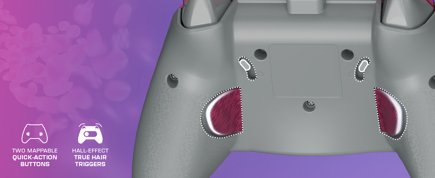Close-up of grey gaming controller bottom with button holes visible, shown against purple background with gaming icons.