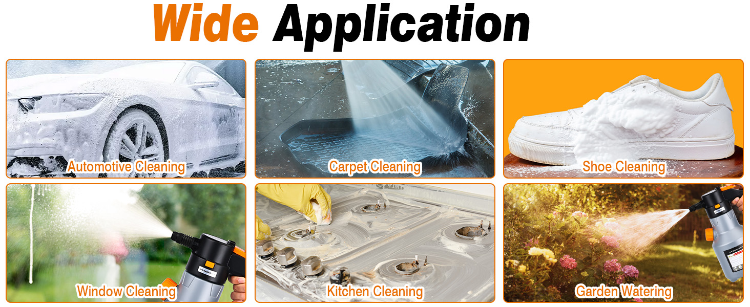 Text reads 'Wide Application'. Series of application images showing various cleaning and maintenance scenarios across different environments.