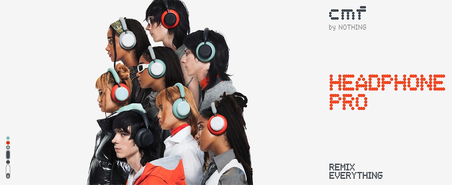 Text reads 'HEADPHONE PRO' and 'cmf™'. Group of people wearing headphones and listening to music in modern studio setting.