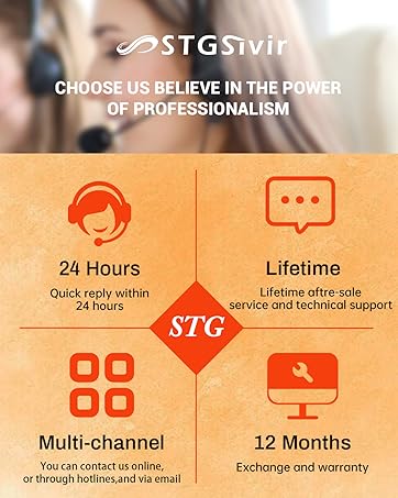 Product support information graphic. Lists email, phone number, offline maintenance service, 365-day warranty, and 24-hour customer support.