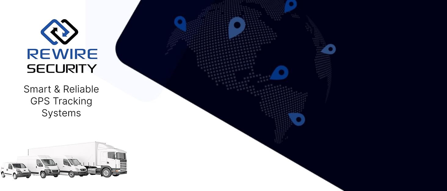 GPS tracking system advertisement. Dark background with blue map pins. Logo and text for Rewire Security. Illustrations of various vehicles including cars and trucks.