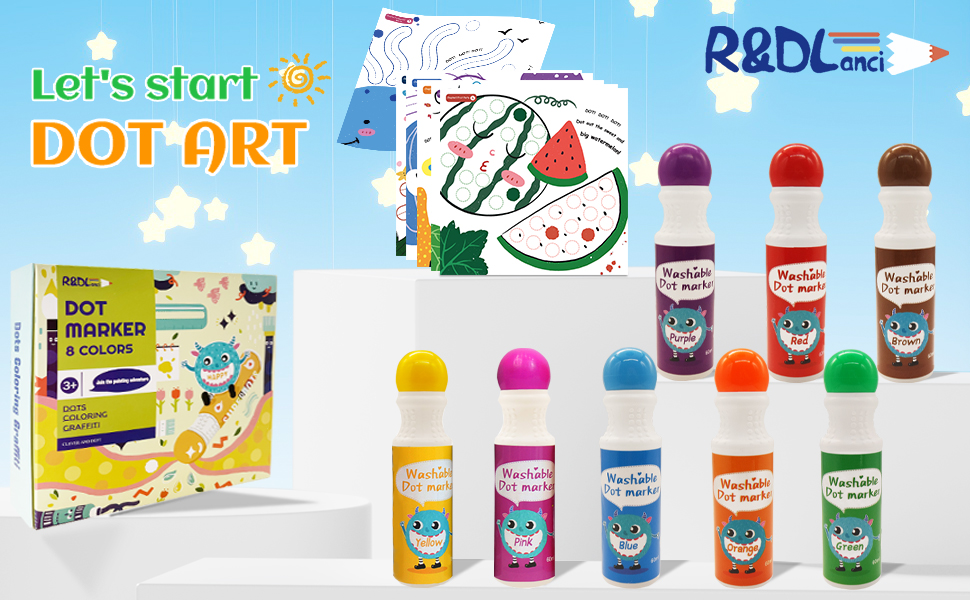 Text reads 'Let's start'. Collection of colorful bottles and containers with various learning or educational materials, arranged in rows showing product lineup.