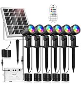 Set of solar-powered garden lights with stakes shown in different angles. Black posts with circular light tops arranged in a row, displaying various lighting modes