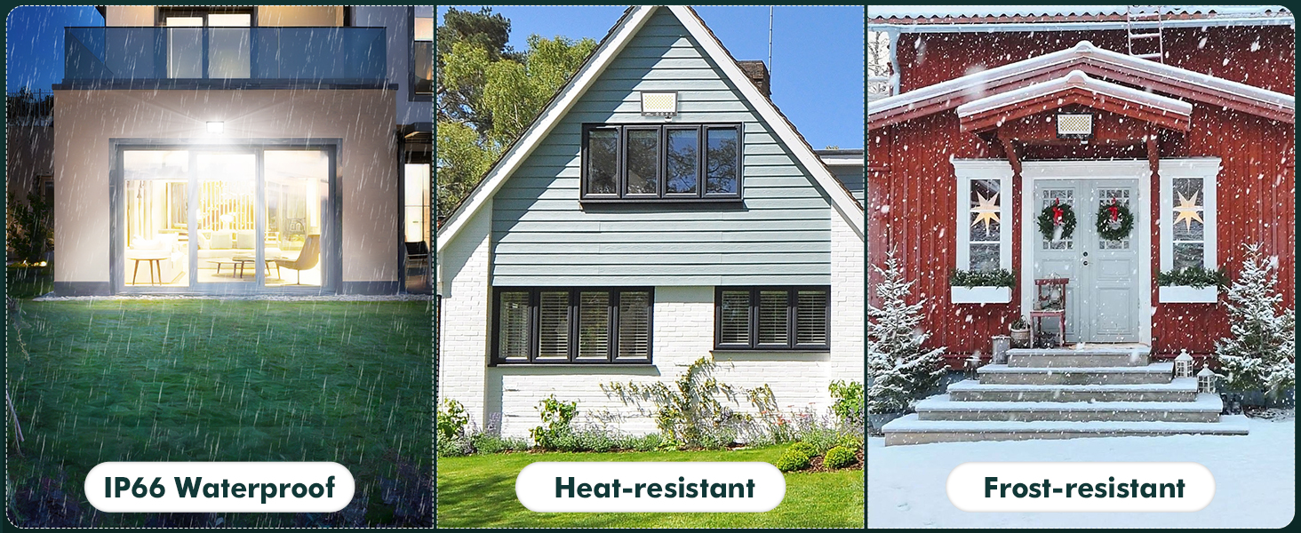 Three house exterior photos demonstrating weatherproof features: IP66 waterproof, heat-resistant, and frost-resistant capabilities.